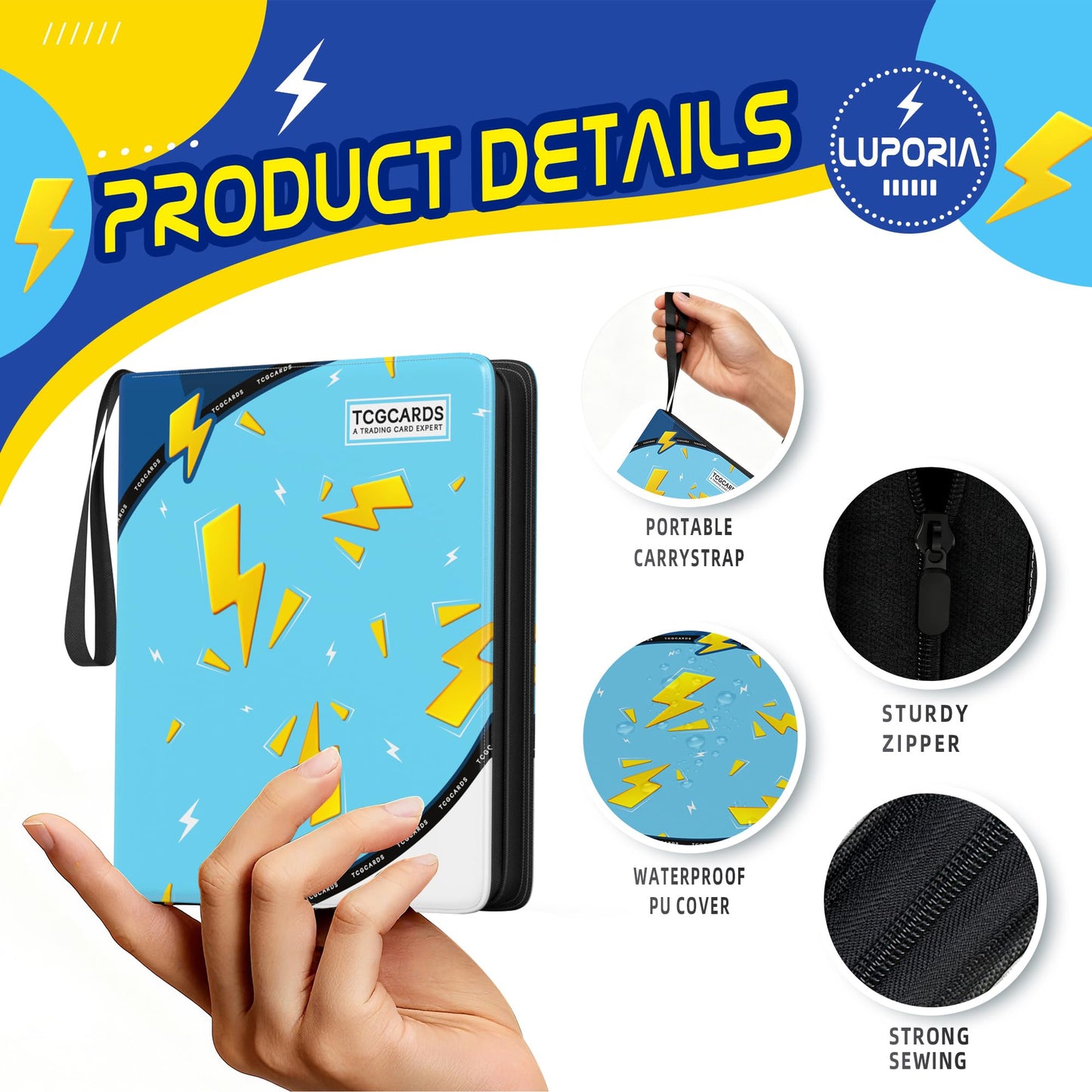 Trading Card Binder 4 Pocket,400 Pocket Card Collection Binder with 50 Removable Sleeves,PU Waterproof Top Card Book,3-Ring Zipper Collectible Trading Card Album for MTG/TCG/Card Holder Gift(Blue)