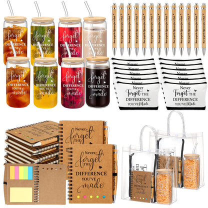 Yeyeplum 60 Pcs Employee Appreciation Gifts Bulk Inspirational Glass Cup Makeup Bag Bamboo Pen Motivational Notebook and Bag for Volunteer Lab Week Teachers Nurses Office Staff (Never Forget)