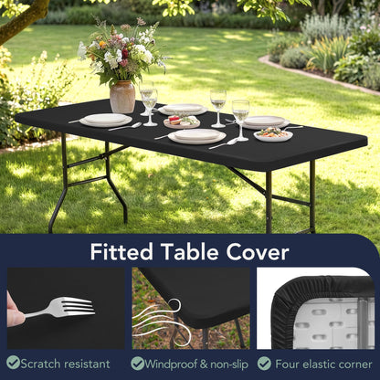 RichSets 6ft Fitted Tablecloth Rectangle - 6 Pack Polyester Table Covers with Elastic, Washable Folding Table Protector for Party Banquet Graduation, 30x72 Inch, Black