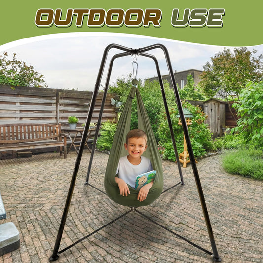 Lingvee Sensory Swing Stand Frame with Pod Chair and Swings Set Kid Heavy Duty Metal Swing Stands Autism Hammock Chair Stand Tree Saucer Round for Kid Adult Indoor Outdoor Backyard Park(Camo Color)