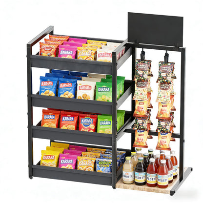DEMEGA 4-Tier Snack Organizer with 20 Clips, Large Capacity Snack Rack with Message Board, Modern Industrial Snack Cart for Kitchen Office Store Party Countertop, Matte Black Metal & Oxford Fabric Snack Storage