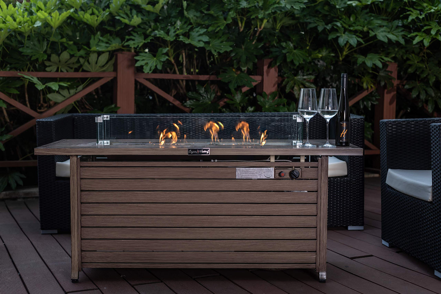 57 Inch 50000BTU Fire Table with Glass Wind Guard, with Cover and Table Lid, Nature Wood Coating
