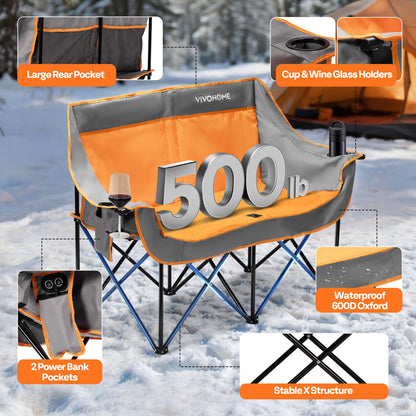 VIVOHOME 45W Padded Heating Double Camping Chair with 2 x 27000mAh Power Bank, Heated Oversized Portable Loveseat for Outdoor Sports, 3 Levels of Heat, Overheat Protection System, Orange and Gray