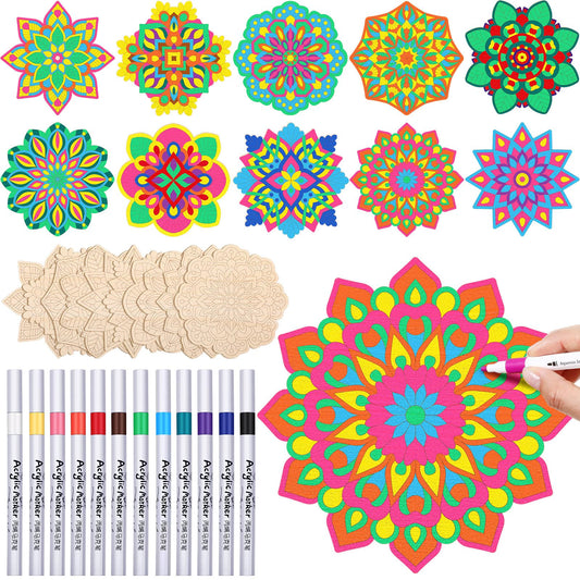 Vercraft 22 Pack DIY Wooden Mandala Art Set Diwali Crafts 10 Mandala Unfinished Wood Cutouts 12 Markers Lotus Flower Wood Painting Kits for Adults Painting, DIY Crafts Home Decors(Floral Style)