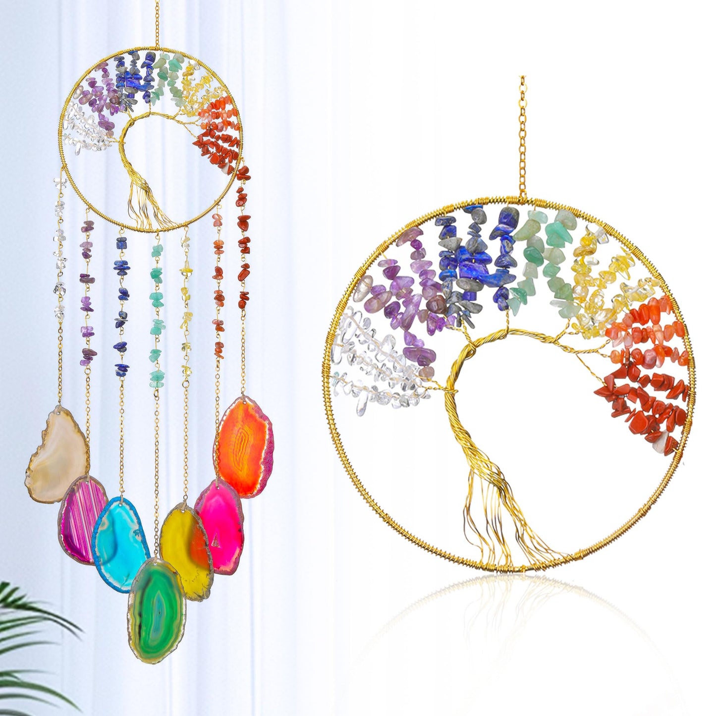 Yoption Tree of Life Agate Slice Wind Chime, Handmade 7 Chakra Healing Crystal Stone Wind Chime for Home Wall Garden Decorative Ornament, Unique Gift