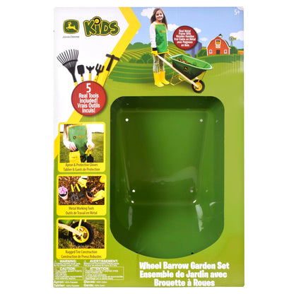 John Deere Deluxe 34" Wheelbarrow and Garden Set Includes 5 Realistic Gardening Tools,Gardening Apron, Gardening Gloves, Large Metal Wheelbarrow with Wooden Handles, Outdoor Toy Ages 5+