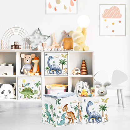 Clastyle 3 Pack 11.8'' Fabric Dinosaur Storage Basket for Shelves Collapsible Closet Organizers with Metal Frame Bottom Board Large Kid Clothes Toy Book Cube Bin for Playroom Bedroom,Boho