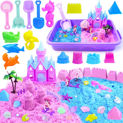 Mermaid Sensory Bin,Play Sand Art Kinetic Sand Play set Fine Motor Skills Montessori Sand Toys with 2.2 lbs Sand & Castle Molds & Sand Shovel Tools,Ocean Theme Educational Toys for aged 3-8 Girls