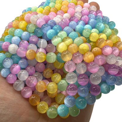 ABCGEMS High-Flash Rainbow Selenite Beads from Morocco with a Luminous, Silky Glow (Heat-Treated for Vibrant Colors) DIY Jewelry Making Beading Supplies - Smooth Round 10mm