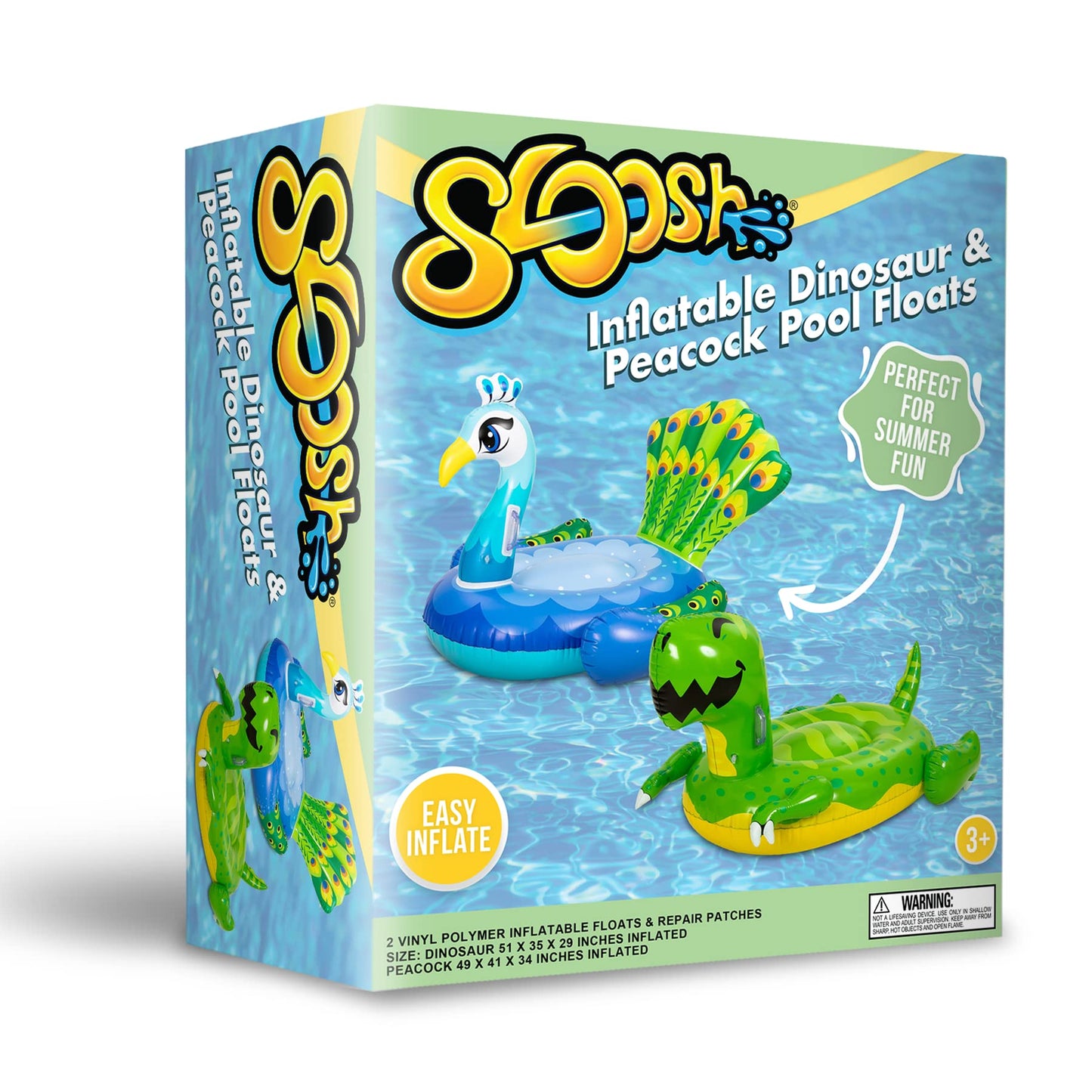 Sloosh 2-Pack Inflatable Dinosaur & Peacock Pool Floats Set, Fun Beach Floaties for Swim Party Decorations Toys, Inflatable Island, Summer Pool Raft Lounge Ride On for Adults Kids