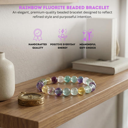 Cherry Tree Collection Rainbow Fluorite Beaded Bracelet – Genuine 8mm Gemstone Stretch Bracelet for Men & Women – Handmade Crystal Bracelet - (Rainbow Fluorite - M)