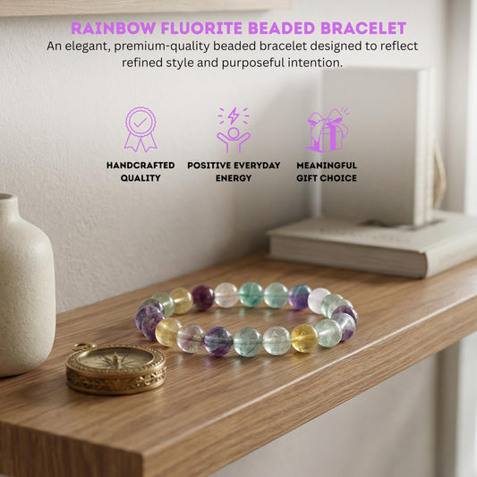 Cherry Tree Collection Rainbow Fluorite Beaded Bracelet – Genuine 8mm Gemstone Stretch Bracelet for Men & Women – Handmade Crystal Bracelet - (Rainbow Fluorite - M)