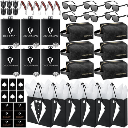 60Pcs Groomsmen Gifts Set of 6, Groomsmen Proposal Box with Flasks Sunglasses PU Leather Toiletry Bag Bottle Opener for Wedding Groomsman Best Man Gift (Black)