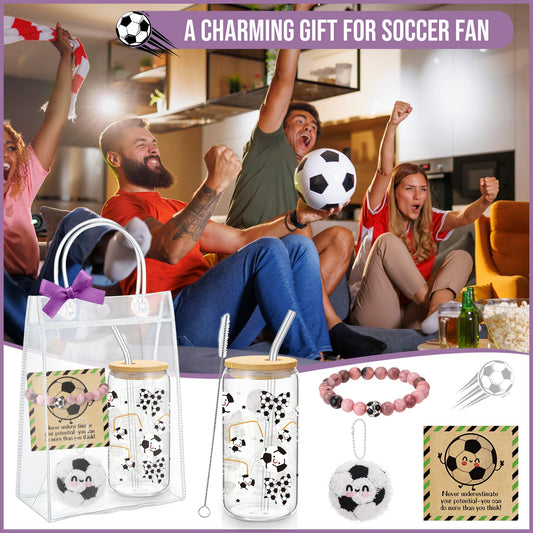 Roshtia 6 Pcs Soccer Lover Gifts Straw Glass Cup Support Doll Natural Stone Bracelet with Ribbon Card Bag Office Inspirational Gift for Coworker Team Player Sport Party Favor