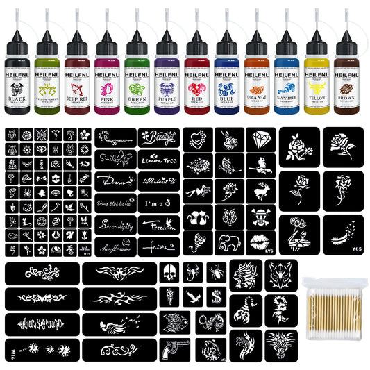 HEILFNL Temporary Tattoo Kit 12 Colors Temporary Tattoo Ink,111 Pcs Stencils Kit for Body Paint Fake Tattoos,DIY Art Painting Party for Women Man