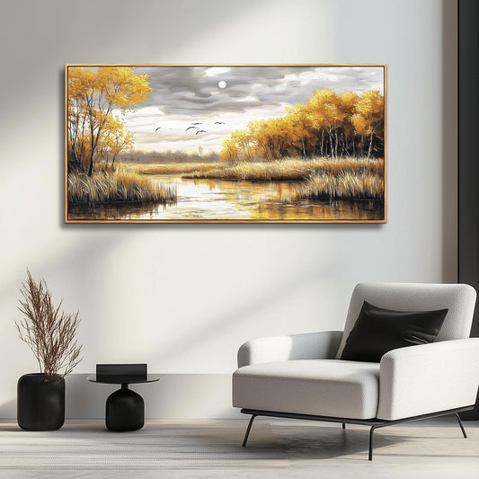 Wapluam Nature Scenery Lakeside Watercolour Pictures Vintage Landscape Wall Art -Farmhouse Living Room Large Canvas Print Home Decoration Bedroom Office Paintings Wall Decor Artwork 24x48 Wood Framed