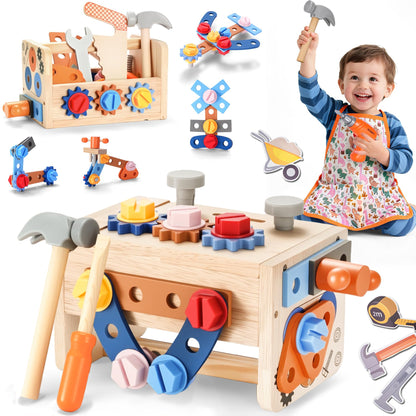 REXBETI Kids Tool Set with Electric Drill, 43Pcs Wooden Toddler Tool Bench with Apron, Educational Montessori Toys for 3 Year Old Boys, Toddler Tool Set, Birthday Gifts for 3 4 5 Year Old Boy Girl
