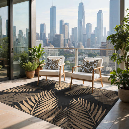 sarben Outdoor Rug 8’x10’ Waterproof for Patio Clearance, Reversible Indoor Outdoor Plastic Straw Camping Rug Carpet, RV Mat, Large Area Rug for Deck, Backyard, Balcony, Porch, Beach, Black & Brown
