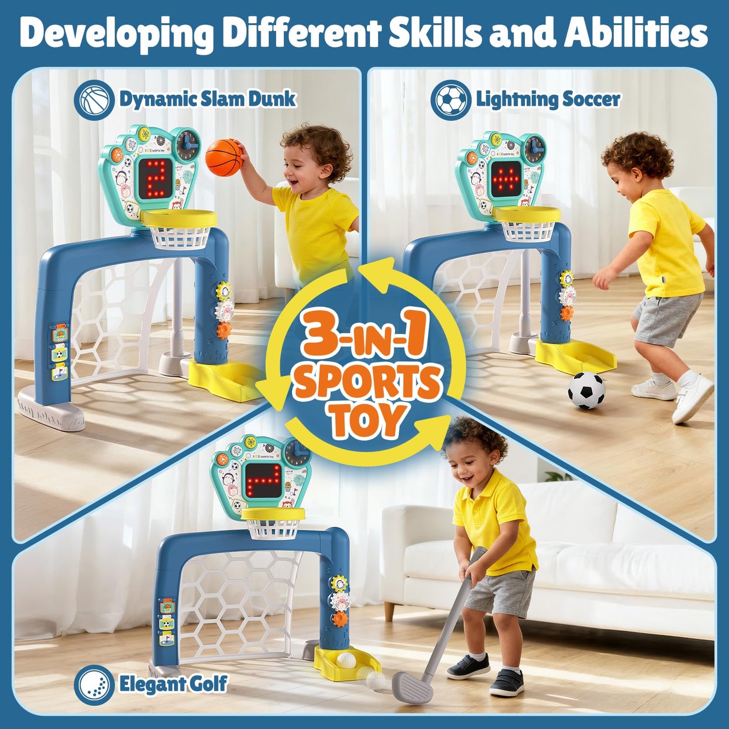 AIGIMU Toddler Sports Toys, 3-in-1 Toddler Basketball Hoop Soccer Golf Activity Center, Basketball Hoop for Kids 1-3,1 2 3 Year Old Boys Girls Toy, Montessori Toys for Toddlers & Baby