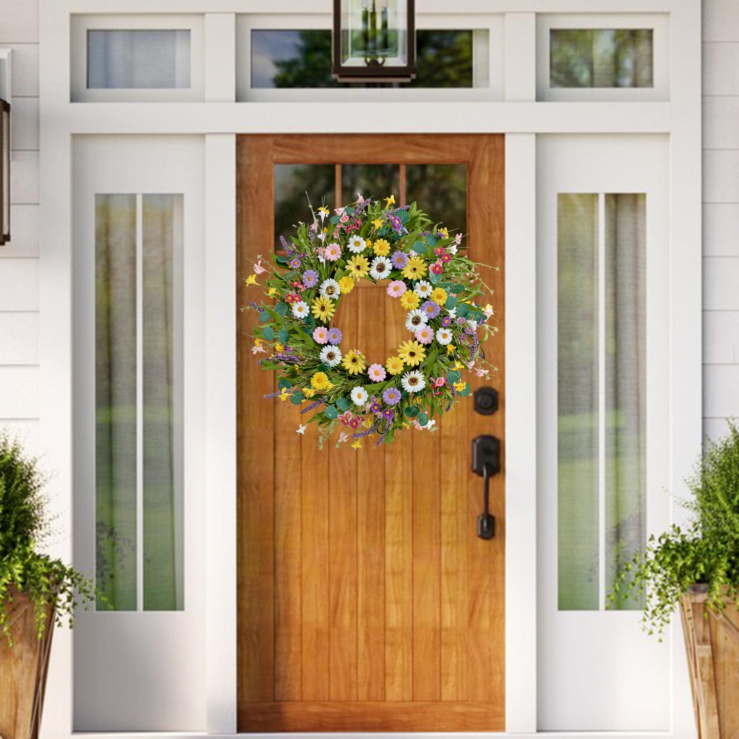 MAINGKAUNG Spring Wreath 22 Inch Artificial Summer Wreath with Yellow Daisy Flowers Green Eucalyptus Leaves Lavender Spring Wreaths for Front Door Home Farmhouse Porch Wall Easter Festival