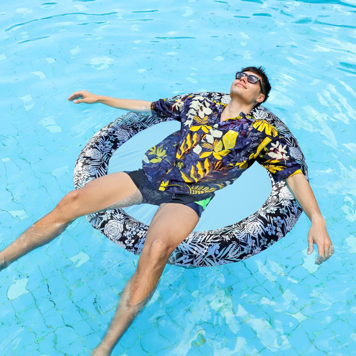 Inflatable Pool Float, Pool Lounger Chair for Adults, Fabric Covered Adult Pool Floats for Lake Beach Floaties（Blue & White）
