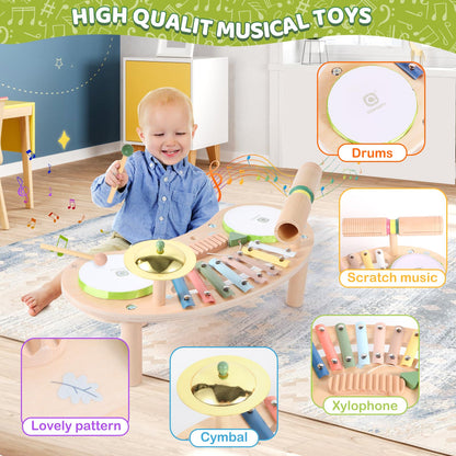 Asweets 7 in 1 Kids Drum Set for Toddlers Wooden Xylophone Musical Instruments Kit Play Set for Toddler Baby Drum Set Montessori Toys Sensory Toys Birthday Gifts for Girls Boys (Moon)