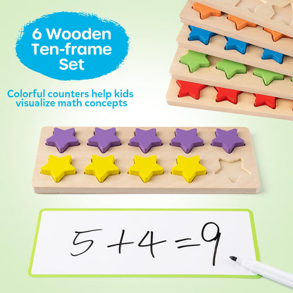 SYNARRY Wooden Ten-Frame Set Math Manipulatives for Kindergarten Classroom Elementary 1st 2nd Grade, Montessori Toys Gifts for 3-8, Addition and Subtraction Counters Math Games for Kids Ages 6-8