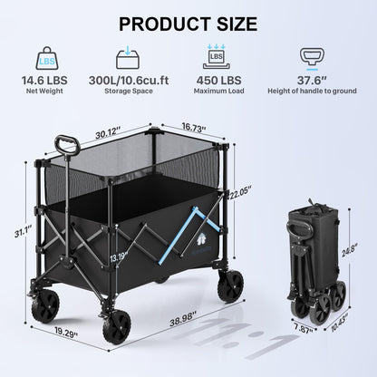 HOMBETTA 39" Collapsible Wagon Cart, 450 lbs Heavy Duty Folding Wagon with Brakes, Adjustable 150L-300L Utility Wagon with All-Terrain Wheels for Camping, Garden, Beach and Shopping