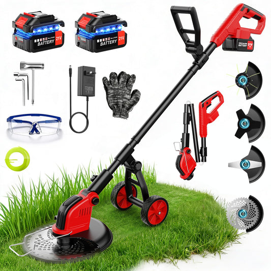 Electric Weed Wacker with Wheels, 12-Inch 2x3.0Ah 21V Battery Powered Weed Eater, Cordless Lawn Mower with 4 Types Blades, 800W Brushless Brush Cutter, 20000RPM Grass Trimmer for Garden Yard