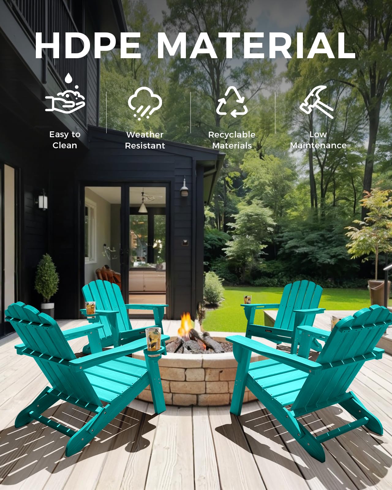 Eesdom Folding Adirondack Chair, HDPE Adirondack Chair with 2 Cup Holders, Pre-Assembled Outdoor Fire Pit Chairs for Patio, Garden, Poolside, Lakeblue