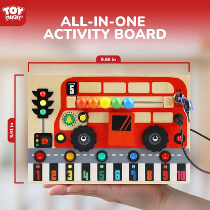 TOY Life Toddler Montessori Busy Board, Wooden Bus Sensory Board Toys with LED Light Up Switchs, Baby Busy Fidget Boards Travel Toys, Easter Birthday Gifts for 1+ Year Old Kids Girls Boys
