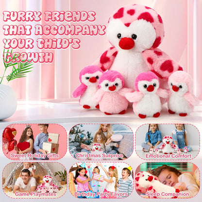 Harrycle 5 Pcs Penguin Plush Toy Set 14 Inch Mommy Penguin Stuffed Animal with 4 Cute Babies in Zippered Belly Soft Cuddly Plushie for Kids Birthday Gifts Party Favors(Heart Style)