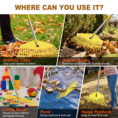 Leaf Rake - 16.5" Wide Nylon Plastic Head,51" Adjustable Stainless Steel Handle,Heavy Duty Gardening Leaves Rake Tools for Garden Lawns,Yard,Shrub,Grass - Lightweight for Women,Seniors & Kids