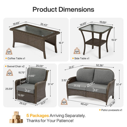 Tribesigns 5-Piece Outdoor Wicker Patio Furniture Set with 2 Swivel Chairs, 1 Loveseat & 2 Tables, Wicker Patio Chair Set with 26.8'' Deep Seat, Luxury Conversation Set for Porch, Yard, Brown/Gray