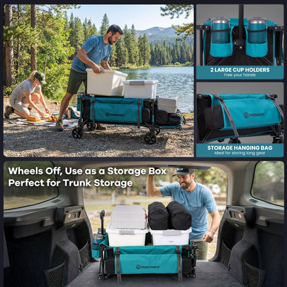 FUNDANGO 45" Extra Long Collapsible Wagon with Tailgate, 400LBS Heavy Duty Folding Wagon Cart, Compact Folds Down to 1/8 Size, All-Terrain Wheels for Camping Beach Grocery