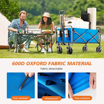 Sweetcrispy Collapsible Foldable Wagon Cart, Large Capacity Garden Cart with Wheels, Heavy Duty Utility Grocery Wagon with Drink Holders for Shopping Sports Camping - 30IN Blue