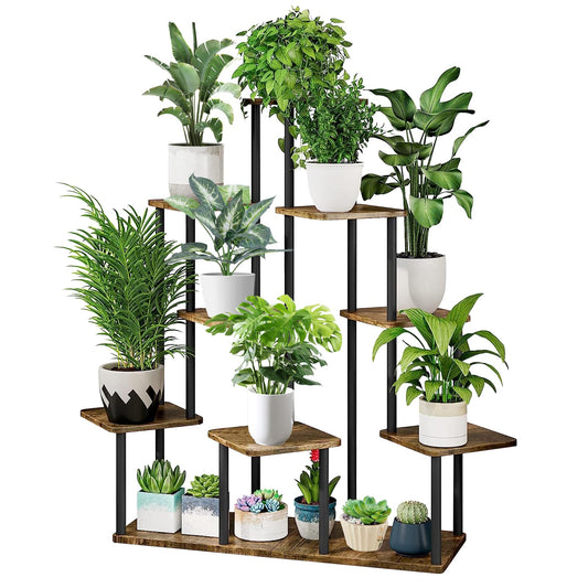 YOCOMEY 9 Tier Plant Stand Indoor, Thickened Metal Wood Corner Plant Shelf Stands for Multiple Plants, Indoor Tall Plants Stand Tiered Flower Holder for Living Room Patio Garden Balcony(Black+Brown)