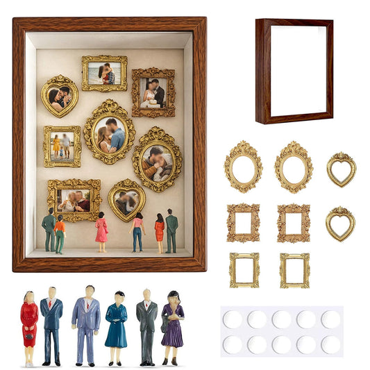 FTNA Mini Vintage Gold Picture Frames with 12 Mini Figurines, Minature Gold Frames Set for DIY Memory Display, Photo Craft Decor for Wedding Party (8x6in Box & Frames+Figurines)