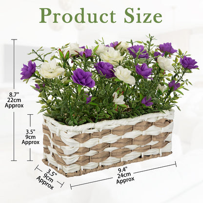 Artificial Rose Flowers with Woven Basket, Faux Roses in Fake Rattan Planter for Table Centerpiece, Romantic Floral Arrangement for Home Bathroom Office Desk Spring & Rustic Decor, Cream White Purple