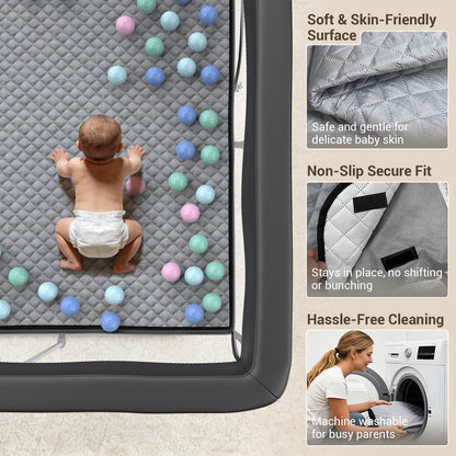 Desque Foldable Baby Playpen with Mat, 50"×50" Collapsible Play Yard for Babies and Toddlers, No Assembly Required, Kids Safety Play Area with 4 Handles, 50 Balls and Visible Mesh, Black