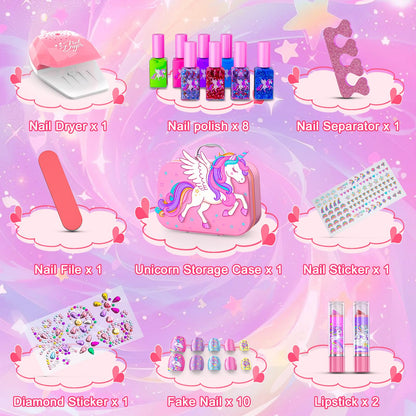 Glisiol Kids Nail Polish Set for Girls Toys, Washable Quick-Dry Toddler Nail Art Kit with Air Cooling Dryer and Cosmetic Case, Christmas or Birthday Gifts for Girls Ages 3 4 5 6 7 9 10 11 12-Pink