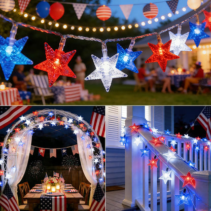 LAMPHOME 16FT 50 LED Patriotic Star String Lights, Clear Wire Battery Operated Waterproof Starry Lights with Remote & Timer for Independence Day, 4th July Window Porch Decoration