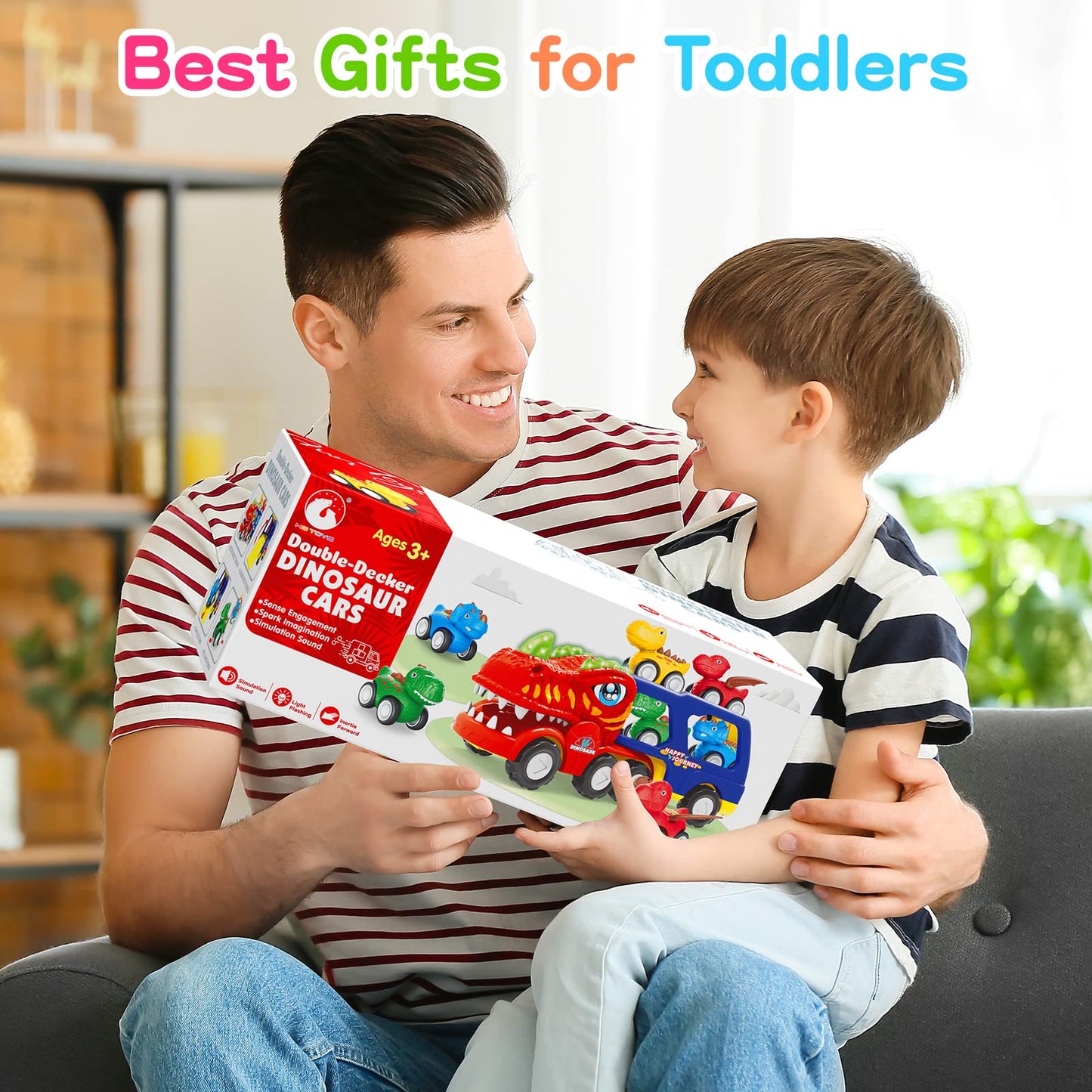 ENJSD Toys for 1 2 3 4 Year Old Boys, 5 in 1 Toys for Ages 2-4 with 4 Dinosaur Toy for Kids 3-5, Friction Powered Kids Boy Toddler Gifts with Flashing Light & Sound
