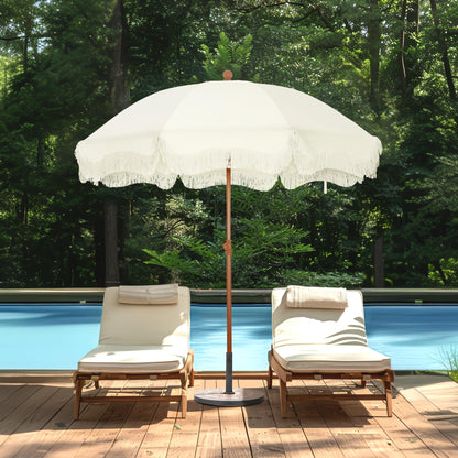 MFSTUDIO 7ft Patio Beach Umbrella with Fringe, Tassel Umbrellas UPF50+ with Sand Anchor & Tilt Button, Holiday Outdoor Umbrella with Carry Bag, Ideal for Garden Lawn Poolside, Ivory
