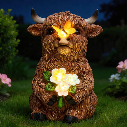 LXOUMEI Solar Highland Cow Outdoor Statue, Garden Sculpture with Lighted Butterfly & Flowers Decor, Highland Cow Figurine for Patio Yard Lawn Ornaments for Birthday