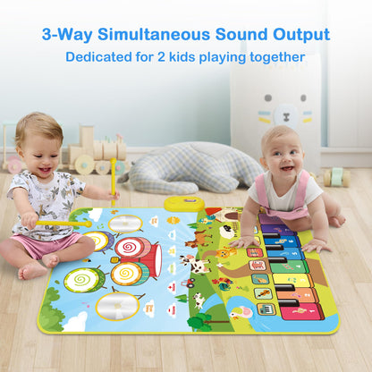Foki Piano Mats, 3-in-1 Animal Musical Play Mat with Piano & Drum for Montessori Sensory Early Educational Musical Learning Toys, Ideal Birthday Toy for Baby Girls, Boys, Toddlers, Ages 1-5 Years Old