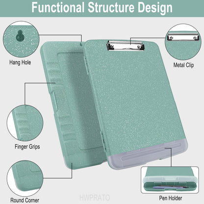 HWPRATO Glitter Clipboard with Storage, Clip Boards 8.5x11 with Pen Holder, Binder Clipboards with Low Profile Clip Heavy Duty Plastic Nursing Clipboard Folder Side Opening (Glitter Grayish Green)