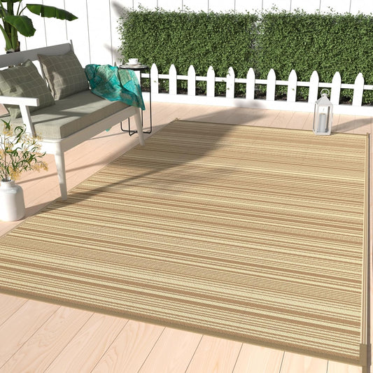GENIMO Outdoor Rug 9x12 ft Waterproof, Reversible Plastic Straw Patio Rug for RV Camping Mat, Deck, Backyard Balcony Mat - Lightweight & Easy to Clean, CoffeeBeige