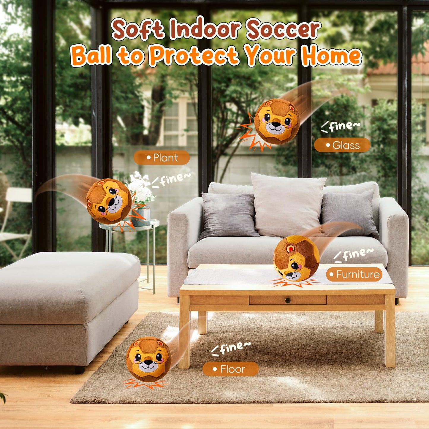 VangeBow Silent Indoor Soccer Balls for Toddlers 1-3, Inflatable Soft Plush Baby Toddler Soccer Ball Toys Gifts for 1 2 3 4 5 Year Old Boy Girl First Birthday Gift (Lion, Pump Include)