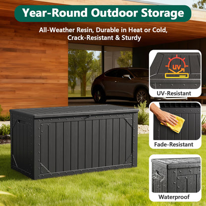 MAKE CHANGES 100 Gallon Outdoor Storage Box, Waterproof Resin Deck Box Organizer for Patio Cushion Storage, Lockable Outside Container for Garden Tools